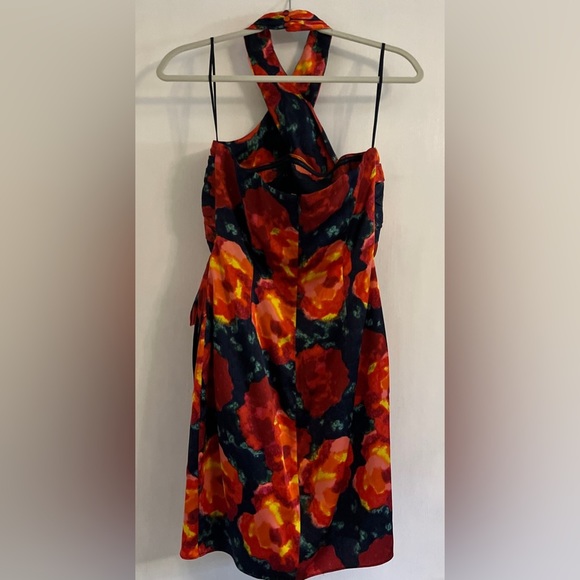 Cinq à Sept Trini Satin Floral Halter Neck Mini Wrap Dress, Size 2 - Picture 7 of 14